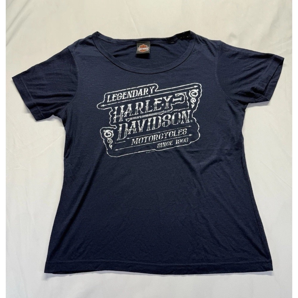 Harley Davidson Womens Tee Large Legendary Blue graphic Tshirt Motorcycle Ride